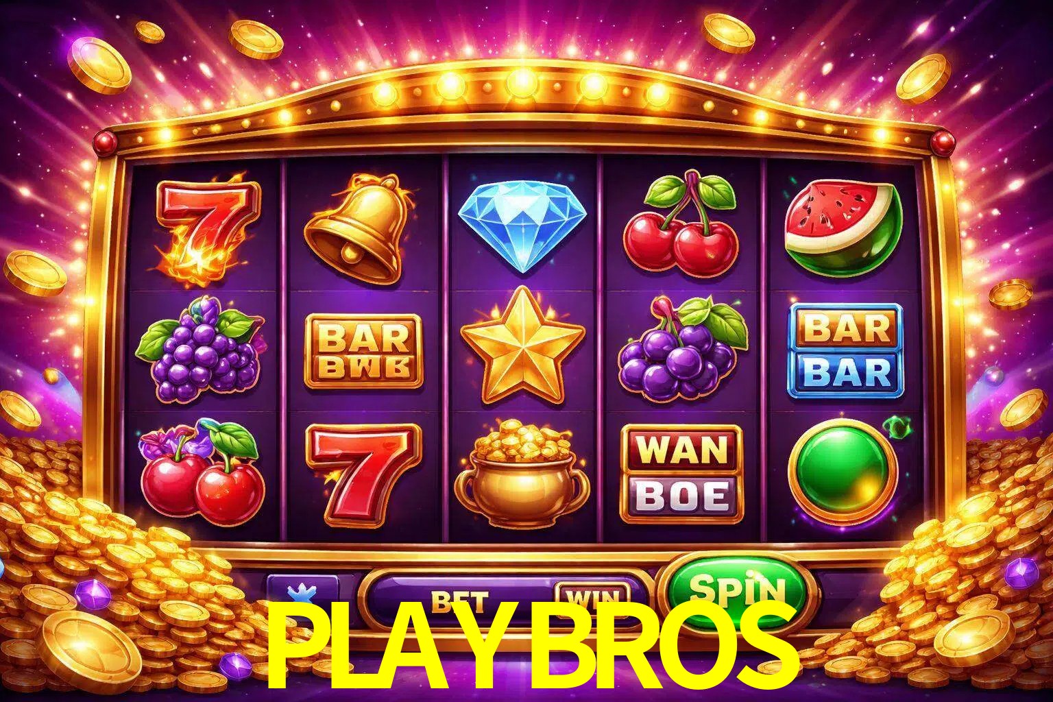 Una interfaz colorida de tragamonedas en línea con símbolos brillantes, monedas y un efecto de victoria celebratoria en PLAYBROS.