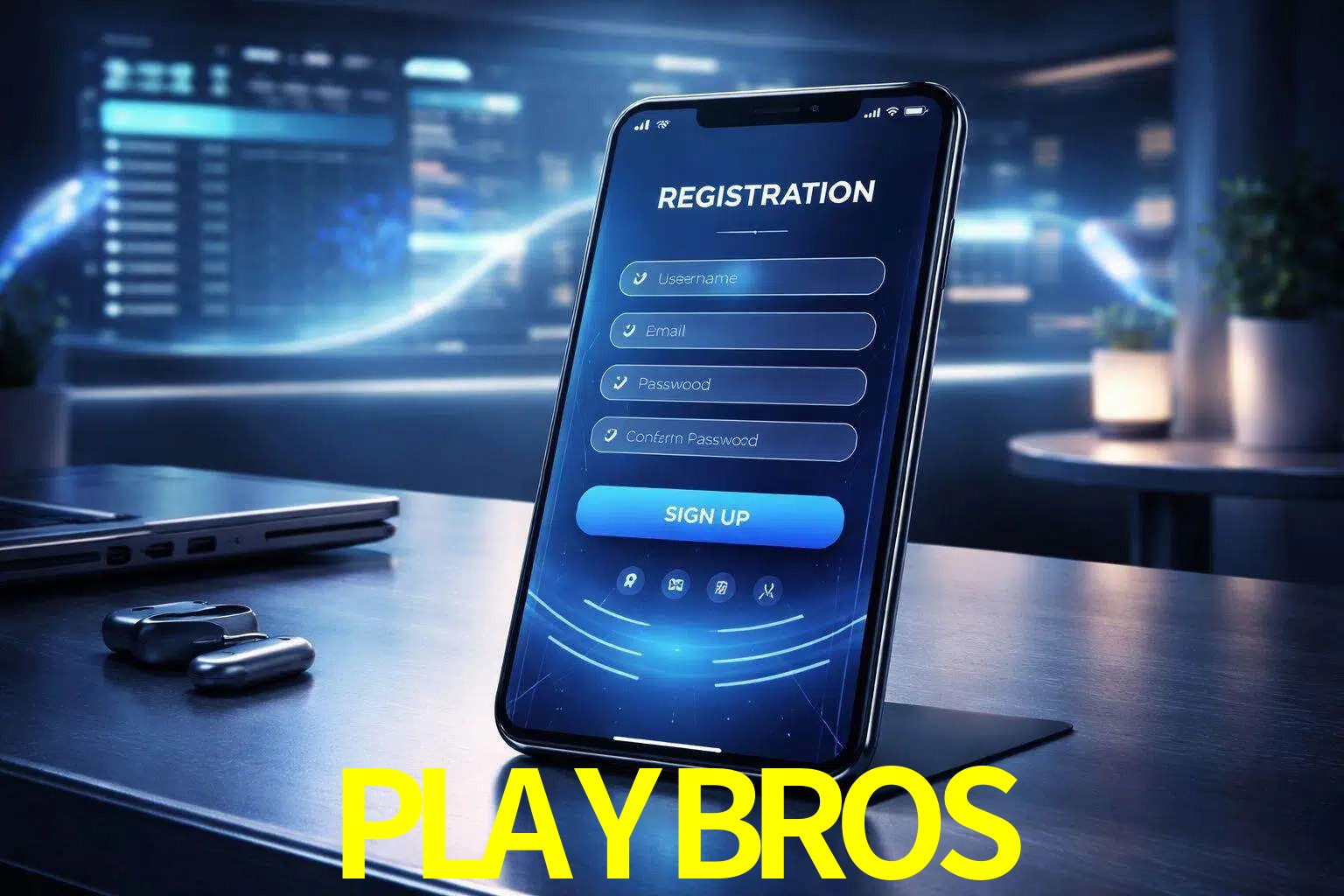 Una interfaz moderna de registro móvil para PLAYBROS mostrada en un smartphone con un panel de apuestas elegante.